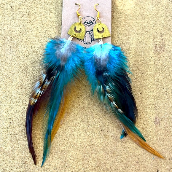Jewelry - Turquoise blue & natural long feather earrings with gold crescent moons